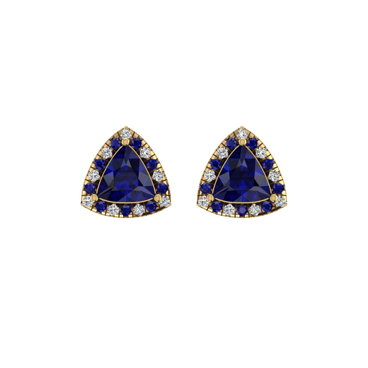 Gold blue sapphire trillion halo stud earrings front view
