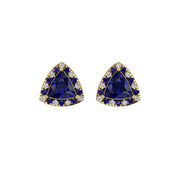 Gold blue sapphire trillion halo stud earrings front view