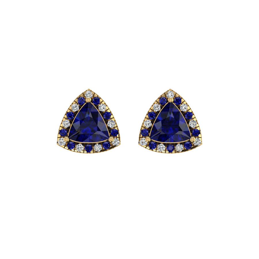 Gold blue sapphire trillion halo stud earrings front view