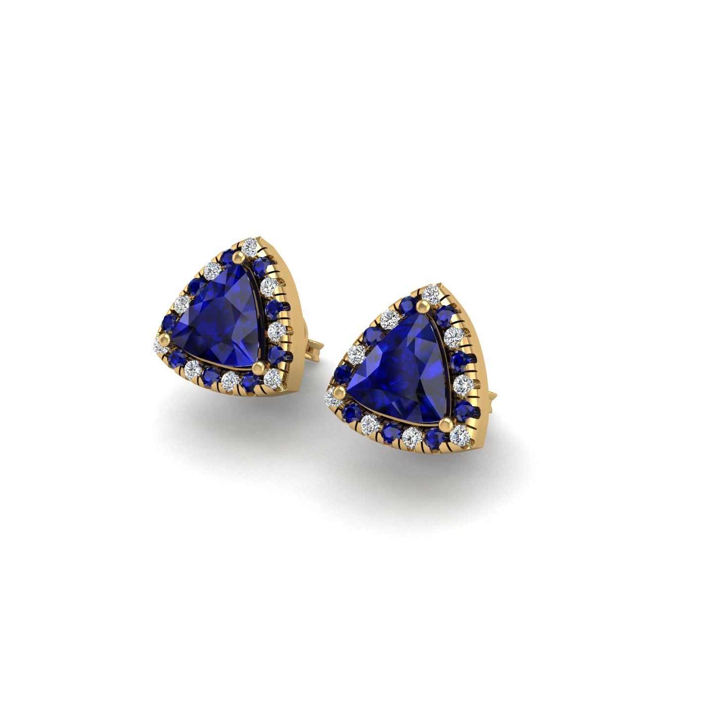 Gold blue sapphire trillion halo stud earrings