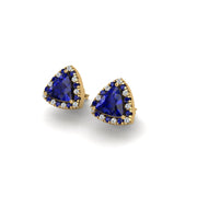 Gold blue sapphire trillion halo stud earrings
