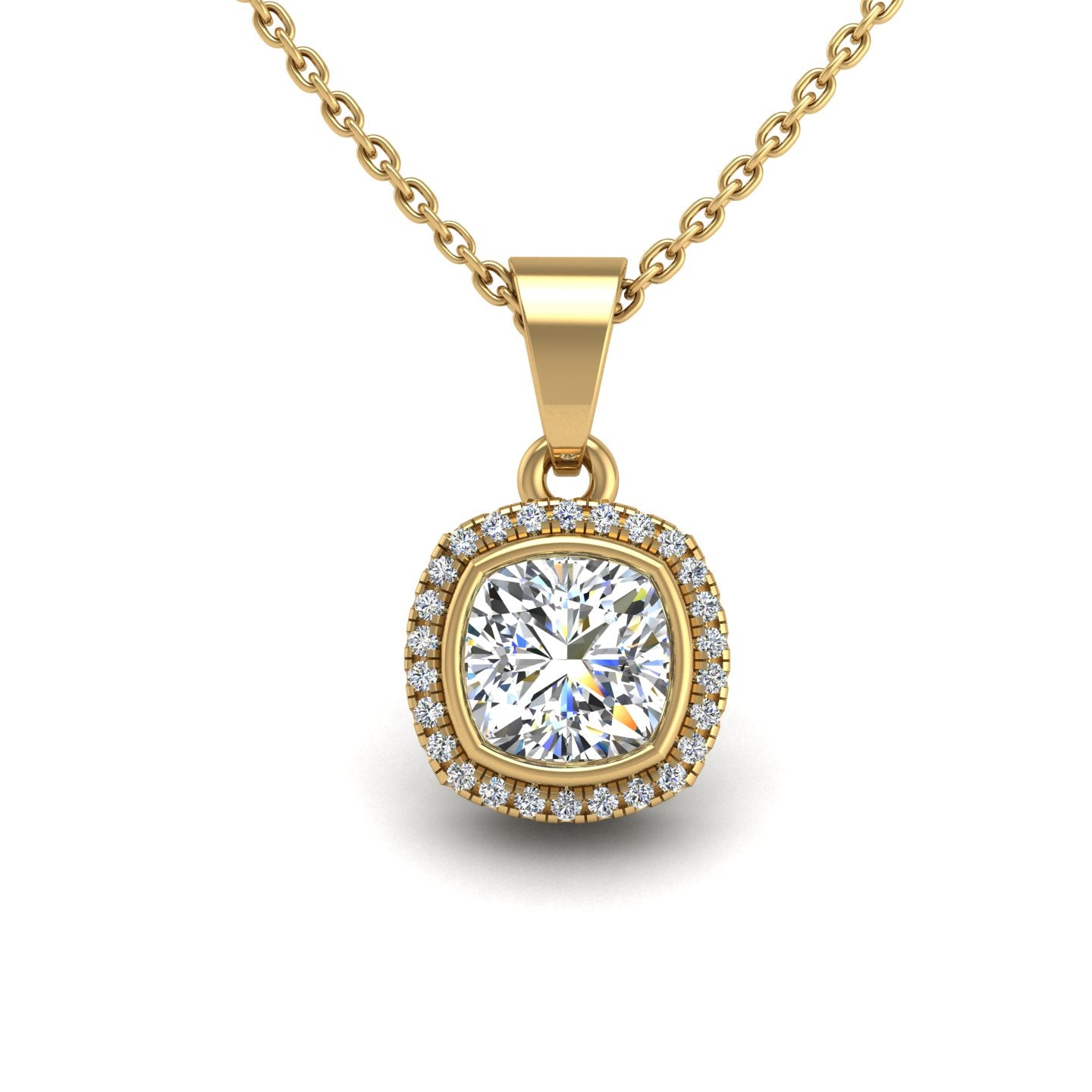 Gold diamond cushion divine halo pendant center view