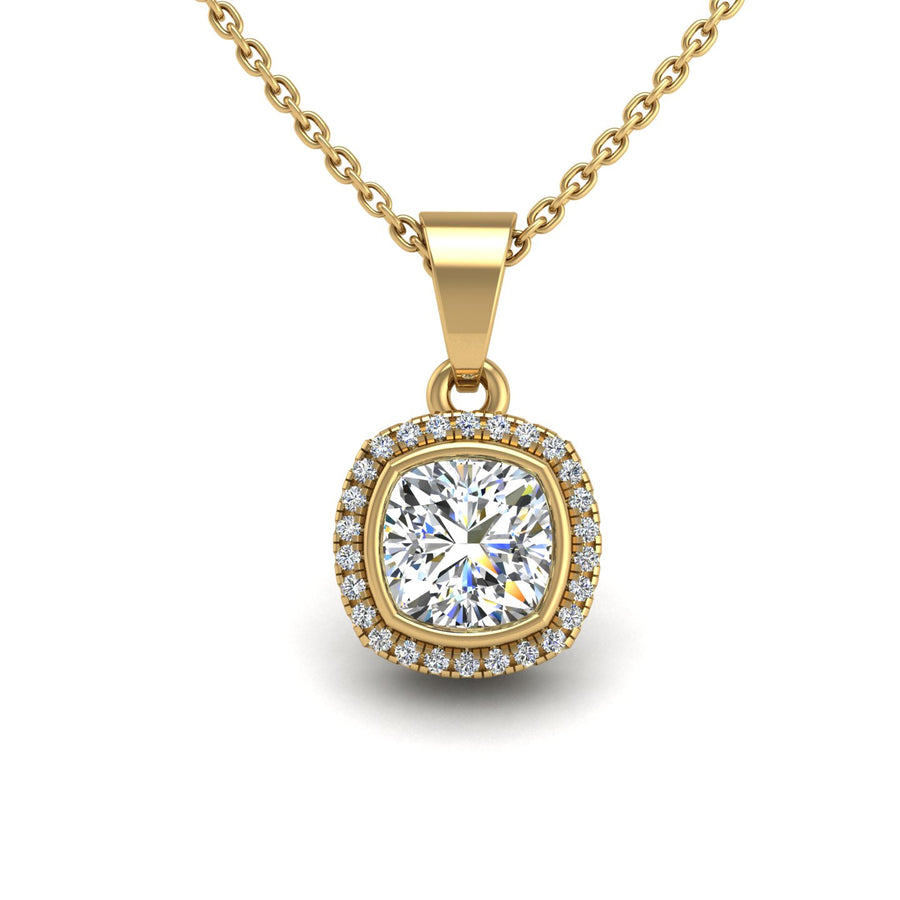 Gold diamond cushion divine halo pendant center view