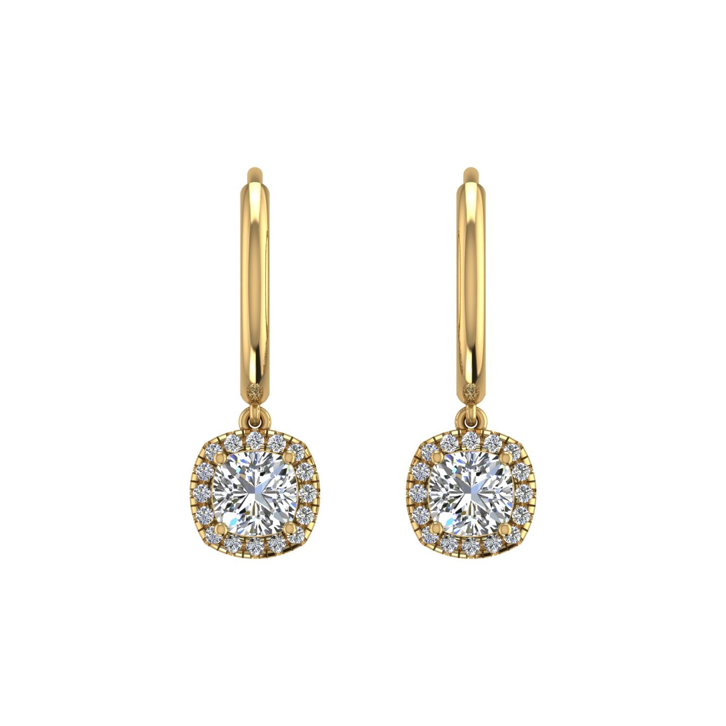 Gold diamond cushion halo hoop earrings front view