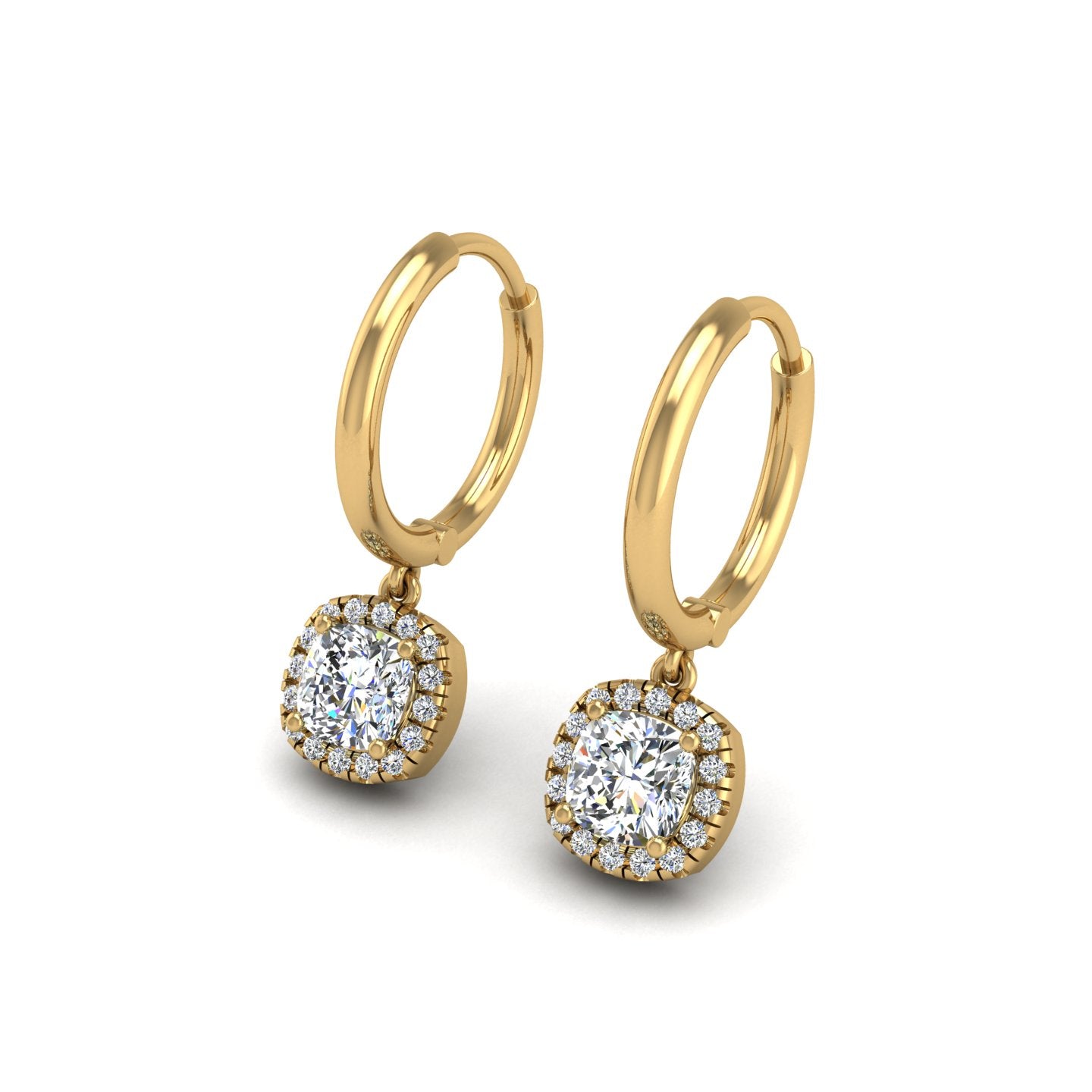 Gold diamond cushion halo hoop earrings