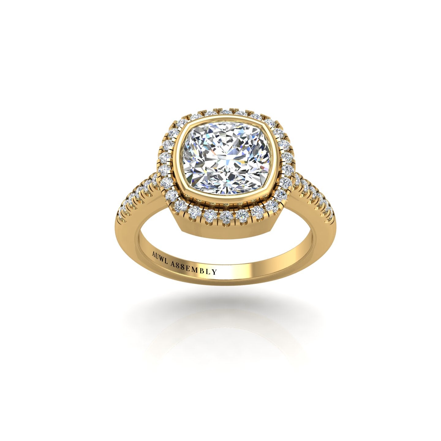 Gold diamond cushion halo ring front view