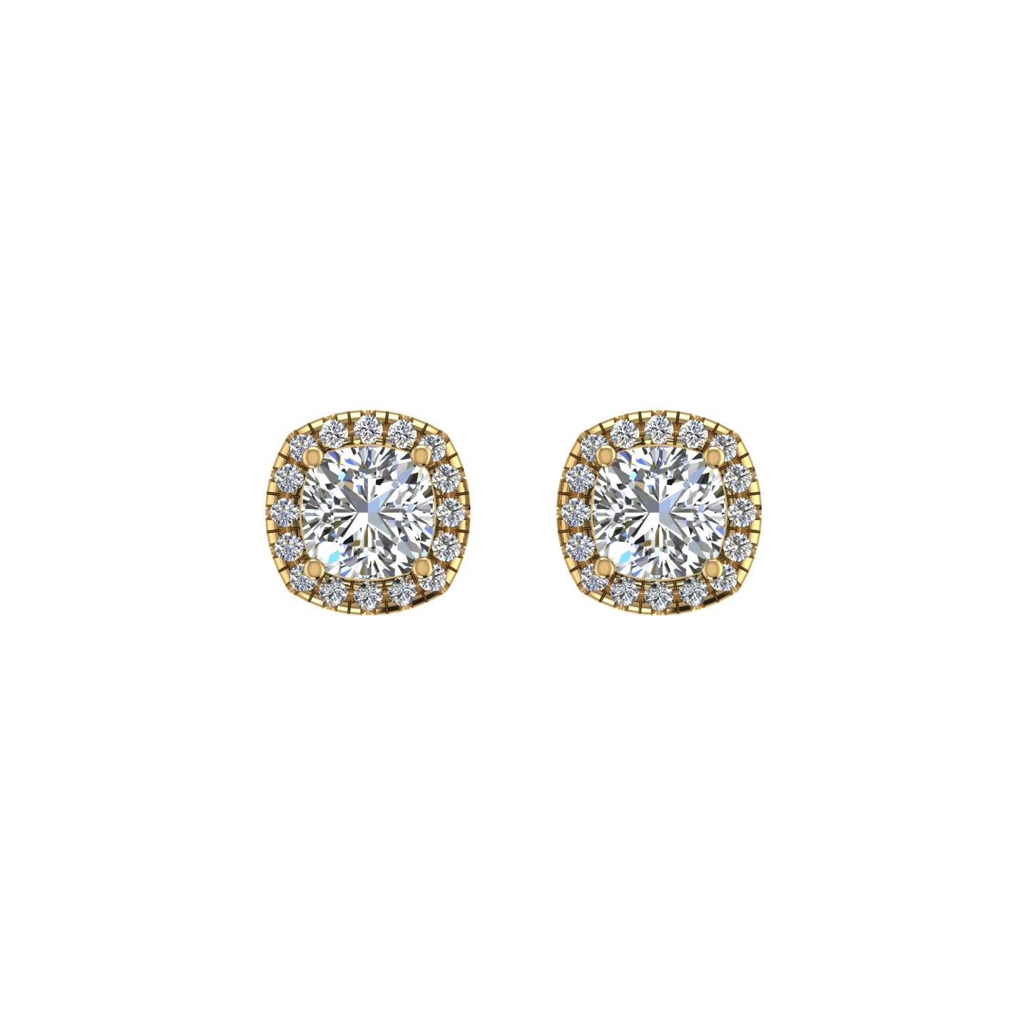 Gold diamond cushion halo stud earrings front view