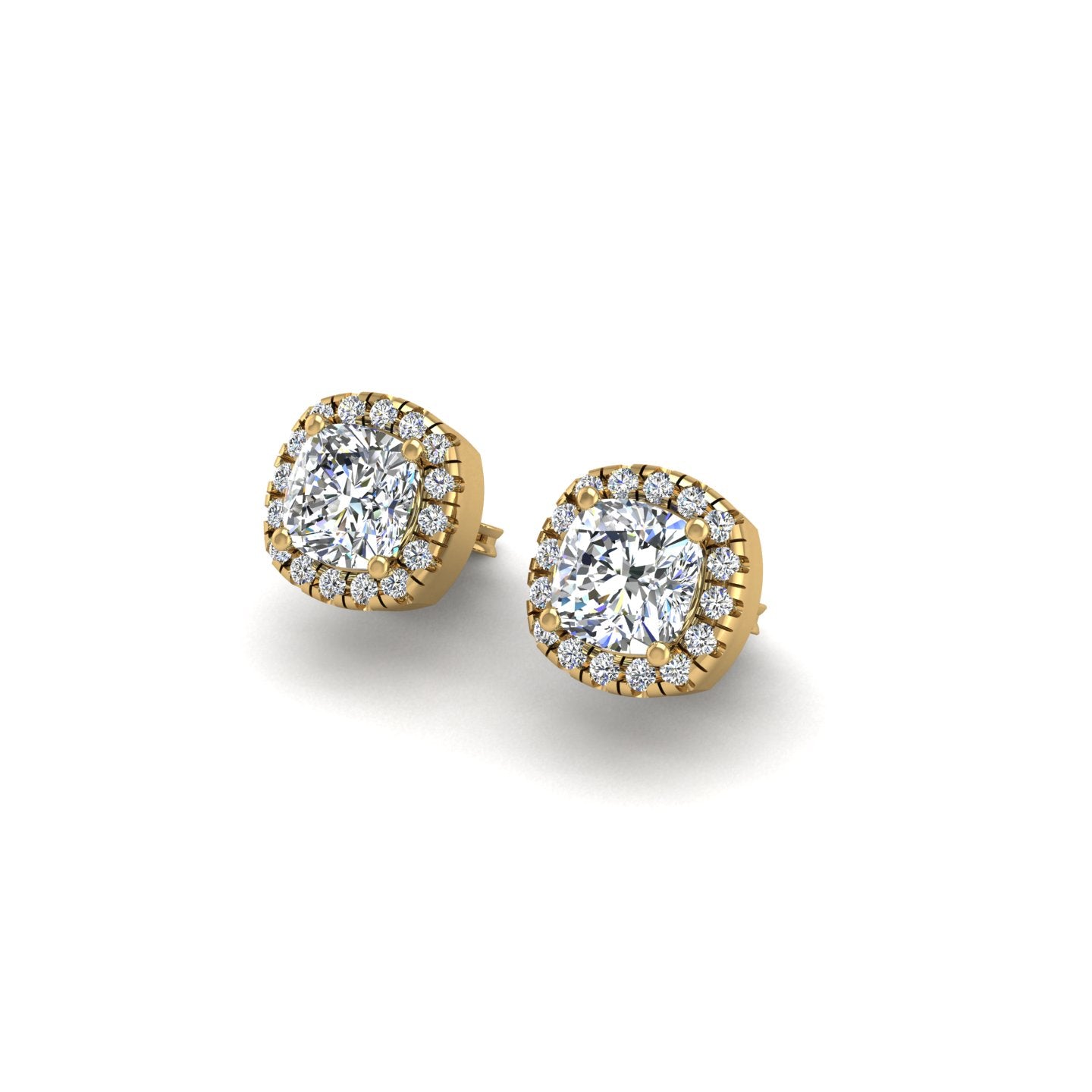 Gold diamond cushion halo stud earrings