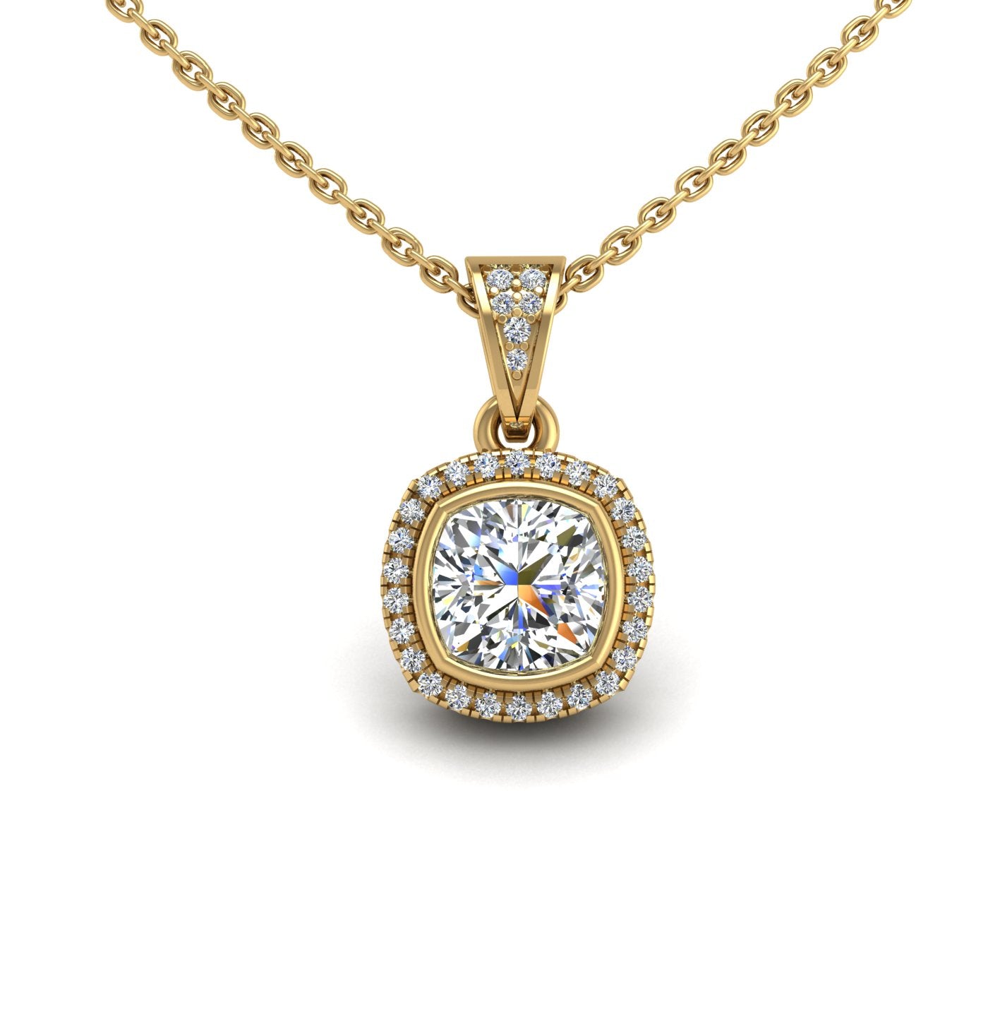 Gold diamond cushion heavenly halo pendant center view