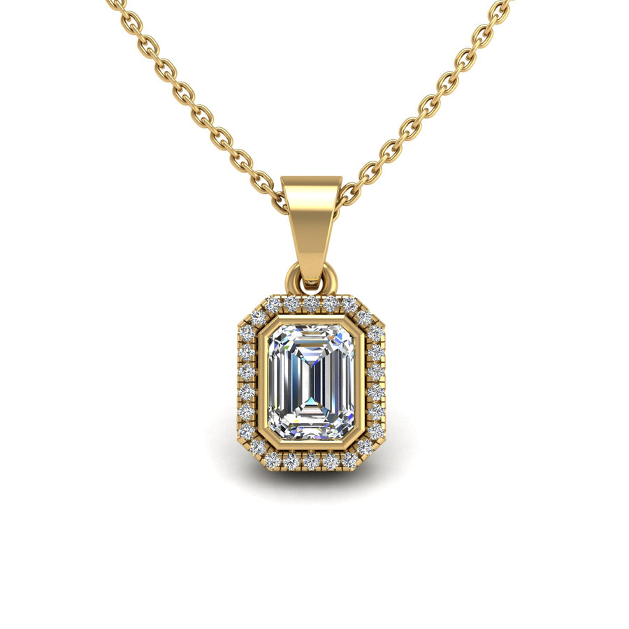 Gold diamond emerald divine halo pendant center view