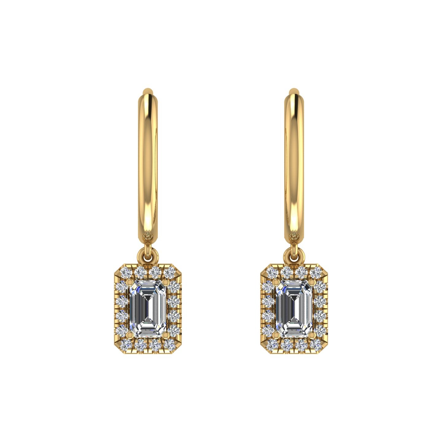 Gold diamond emerald halo hoop earrings front view