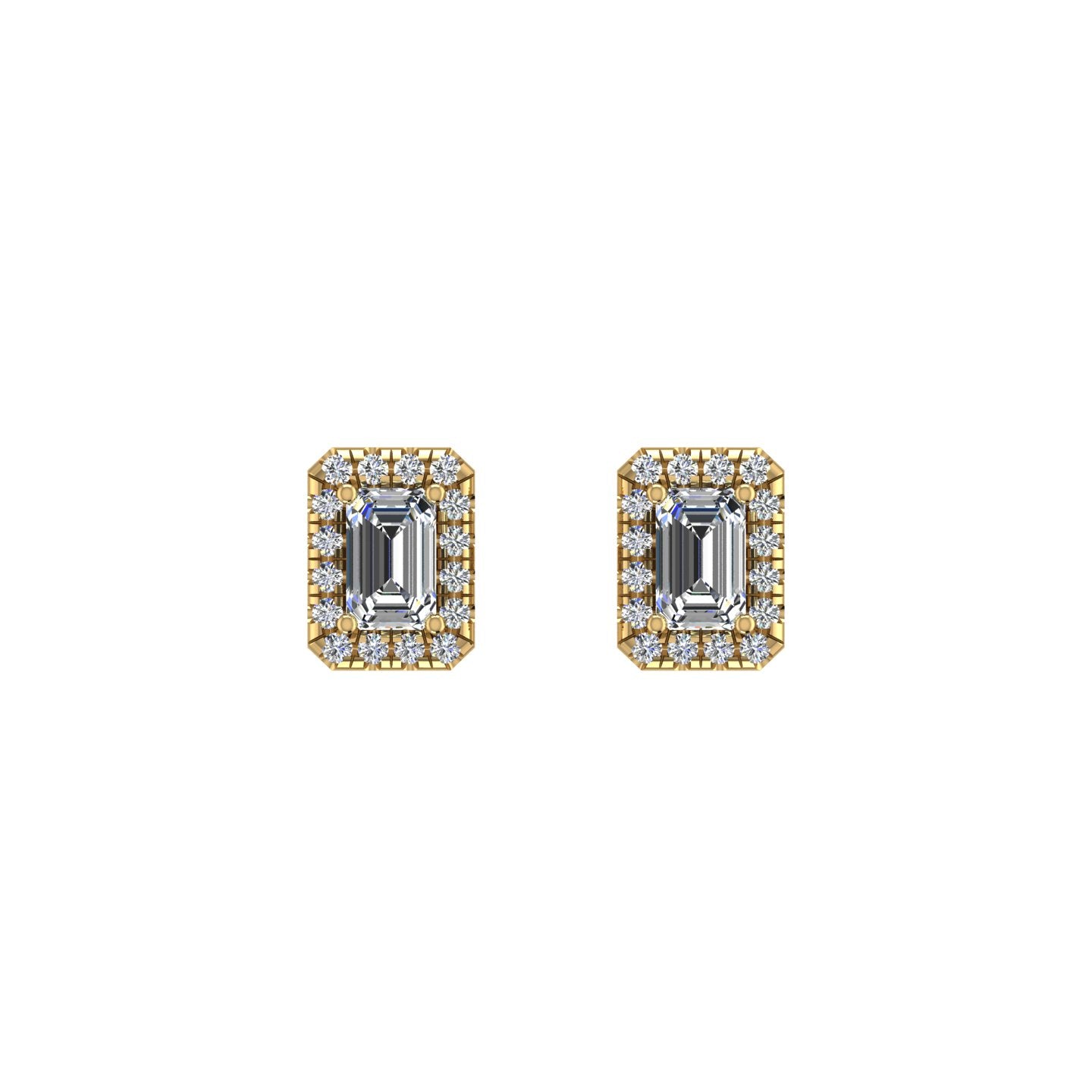 Gold diamond emerald halo stud earrings front view