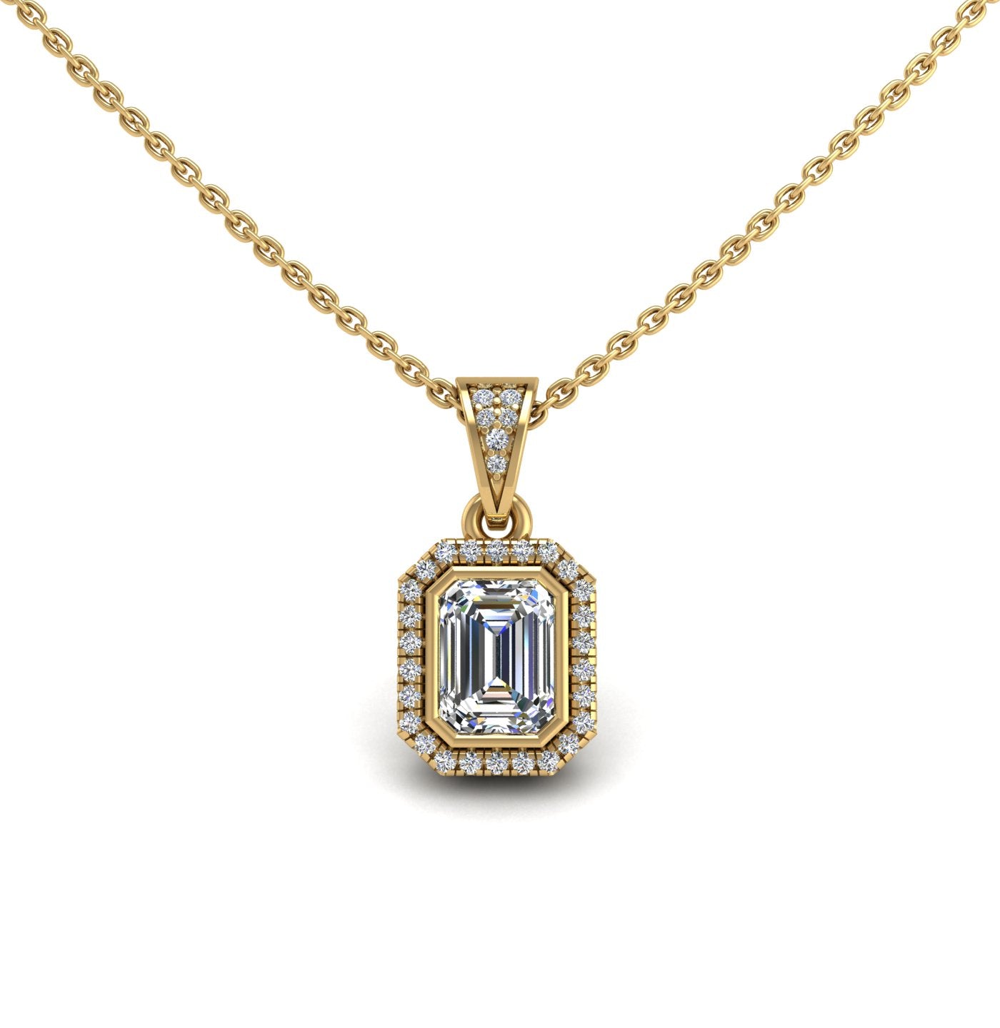 Gold diamond emerald heavenly halo pendant center view