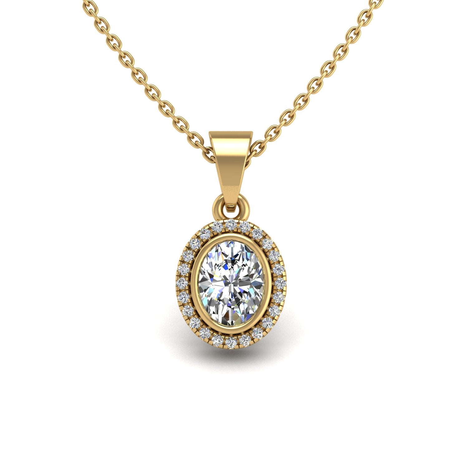 Gold diamond oval divine halo pendant center view