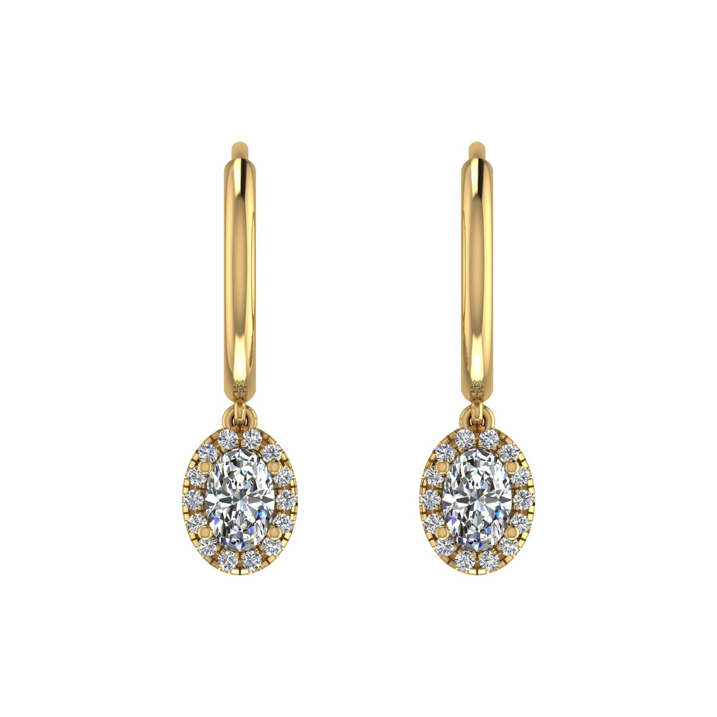 Gold diamond oval halo hoop earrings front view