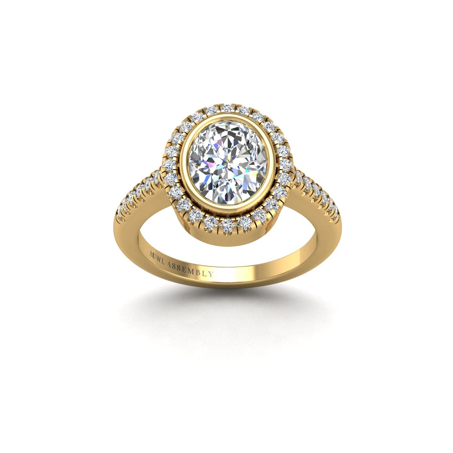 Gold diamond oval halo ring front view
