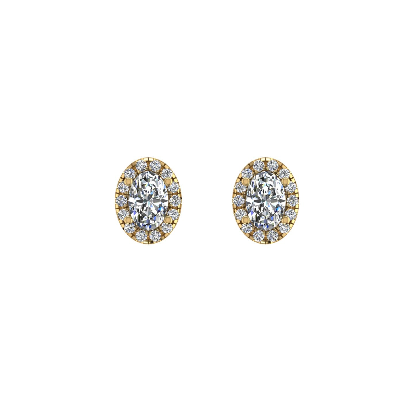 Gold diamond oval halo stud earrings front view