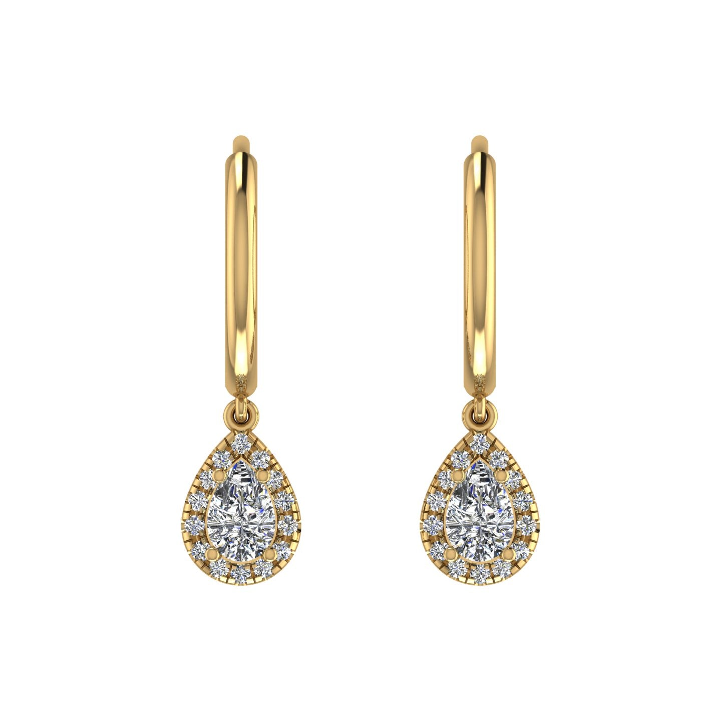 Gold diamond pear halo hoop earrings front view