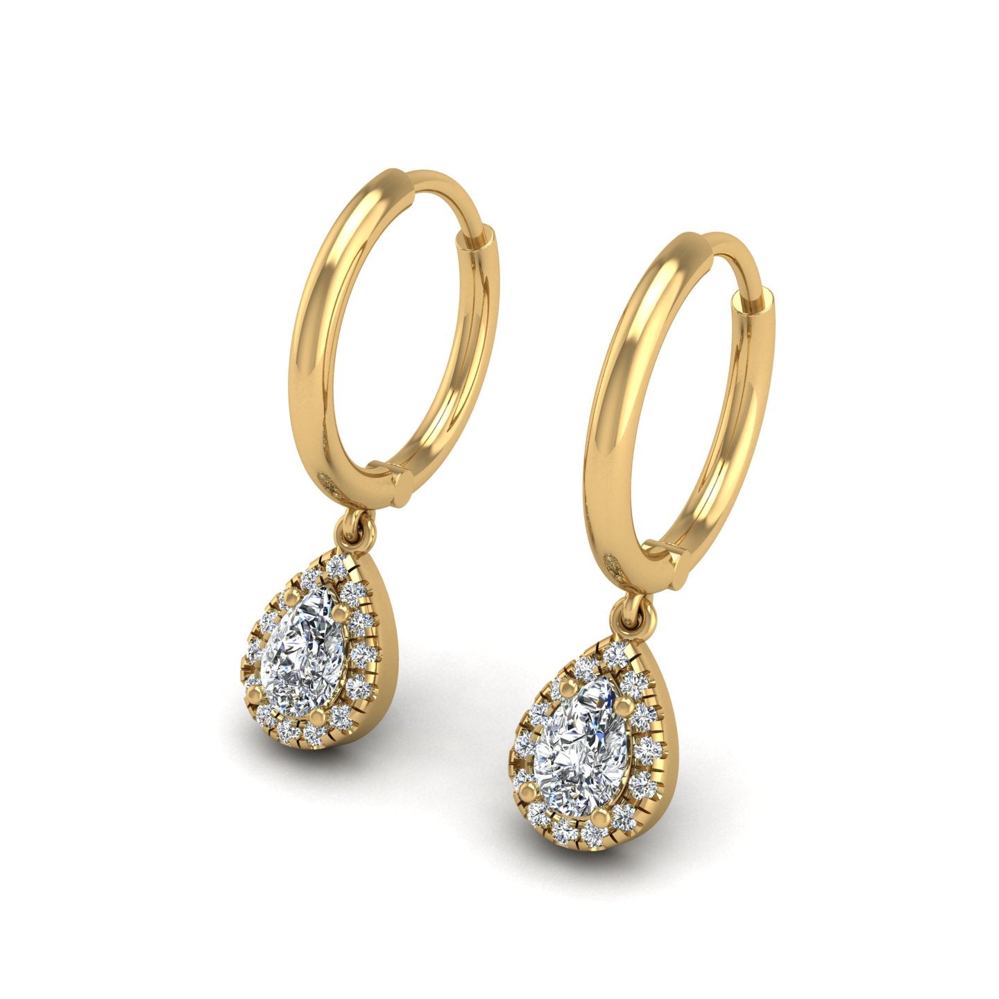 Gold diamond pear halo hoop earrings