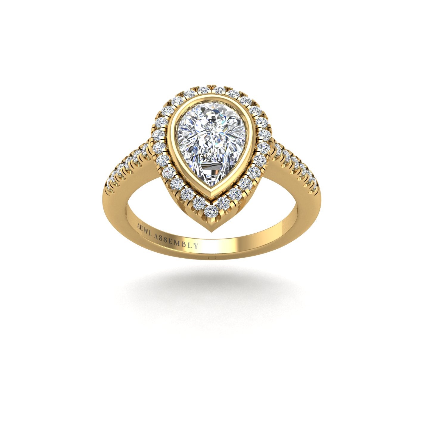 Gold diamond pear halo ring front view