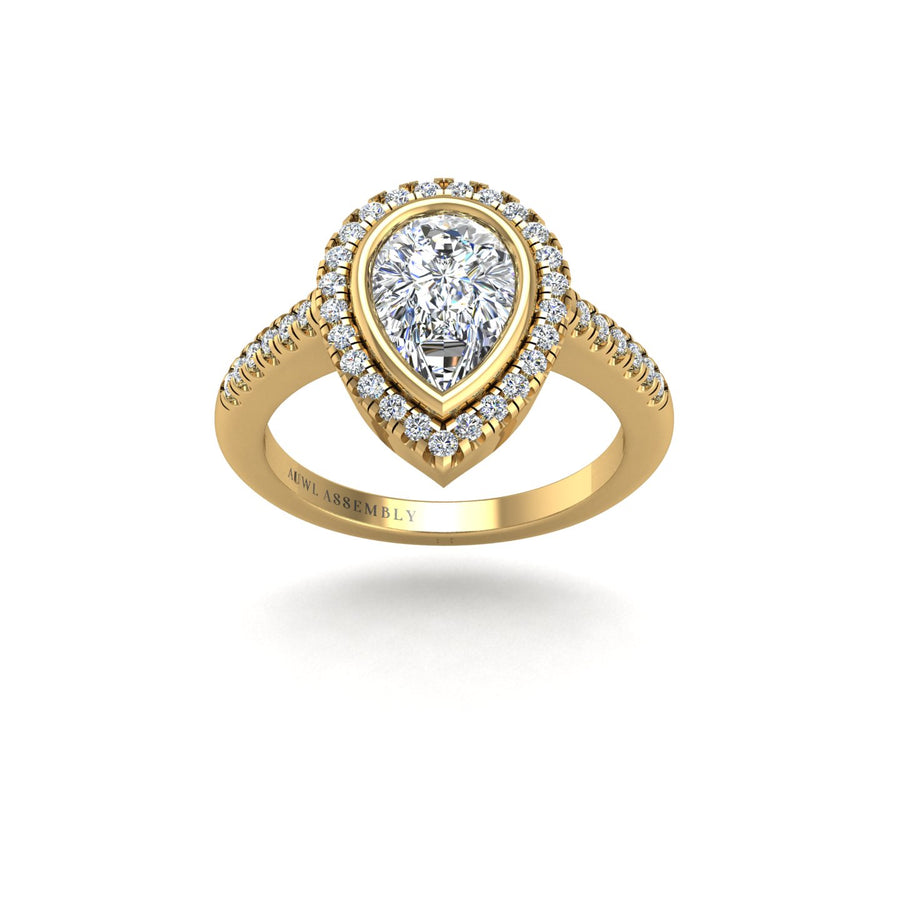Gold diamond pear halo ring front view