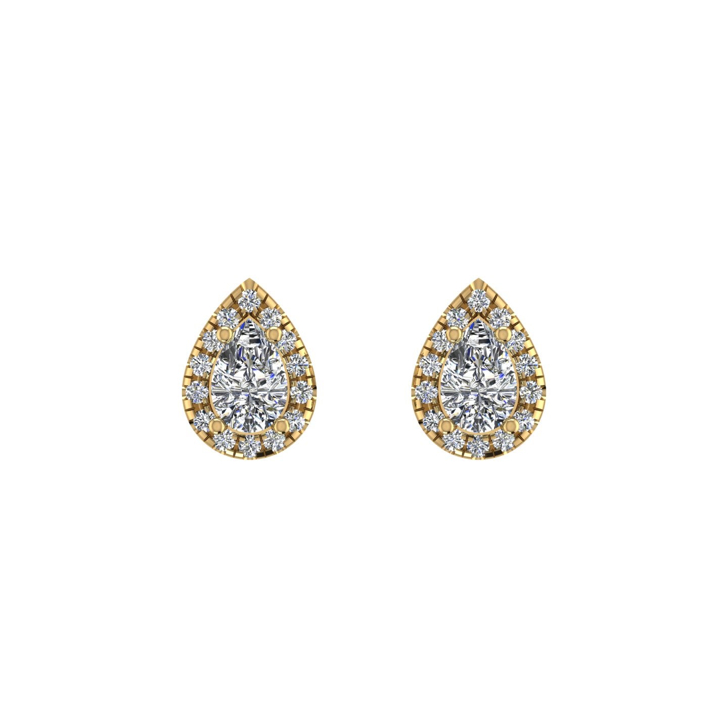 Gold diamond pear halo stud earrings front view