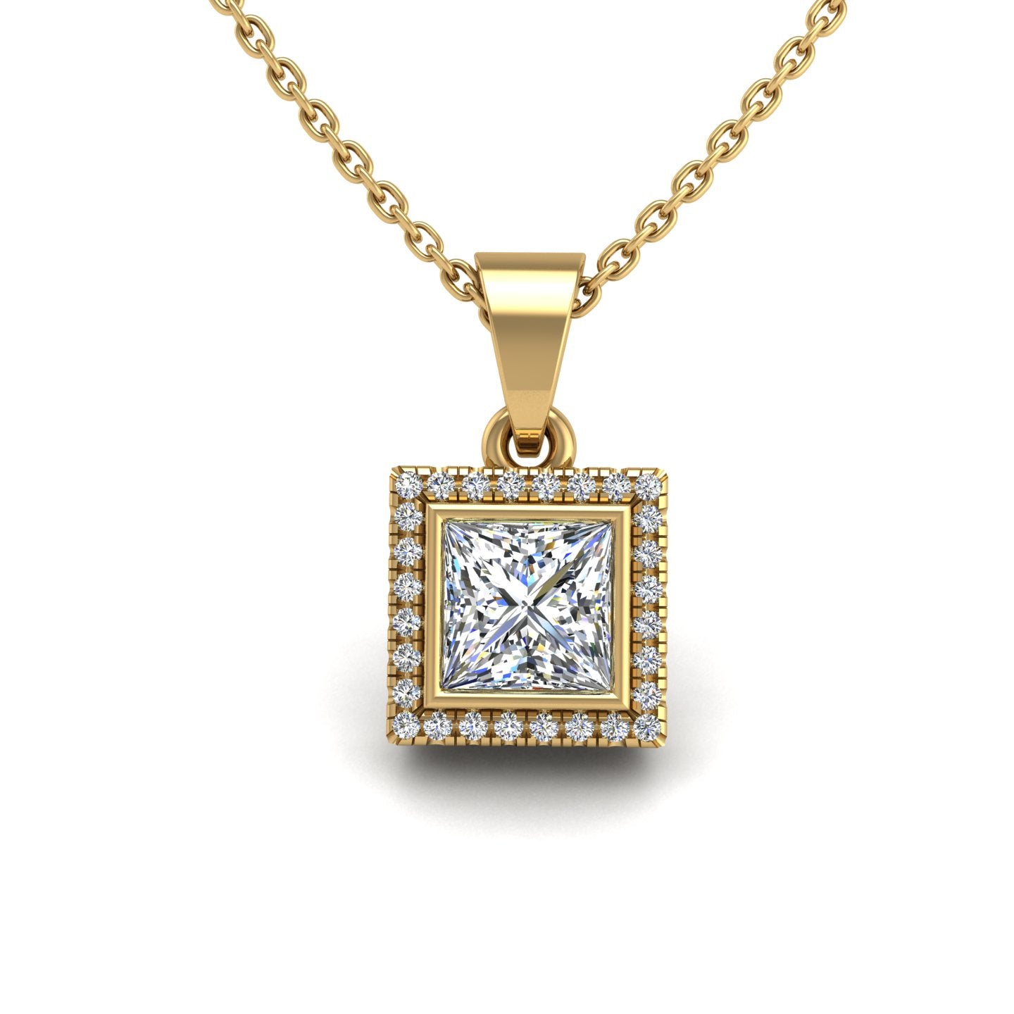Gold diamond princess divine halo pendant center view