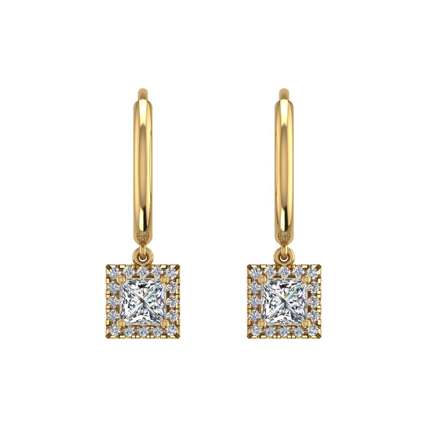 Gold diamond princess halo hoop earrings front view