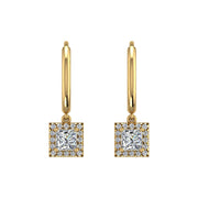 Gold diamond princess halo hoop earrings front view