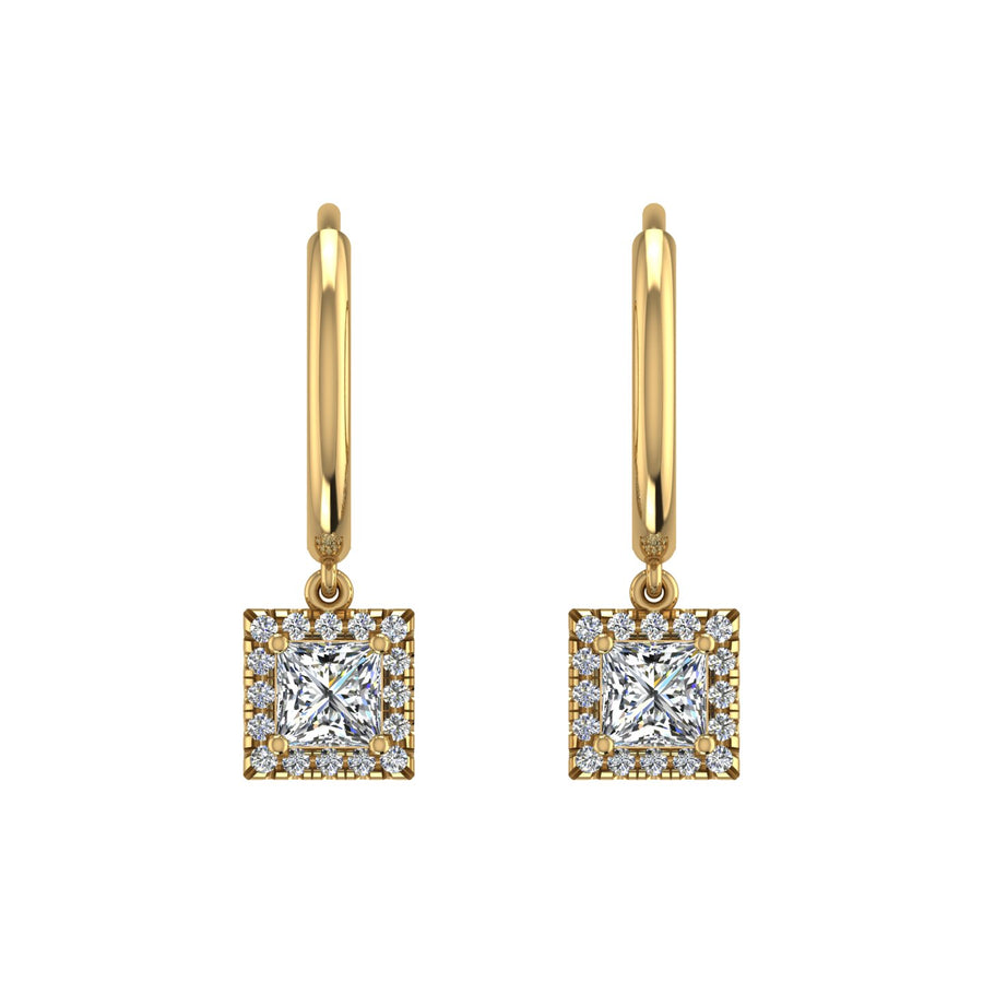 Gold diamond princess halo hoop earrings front view