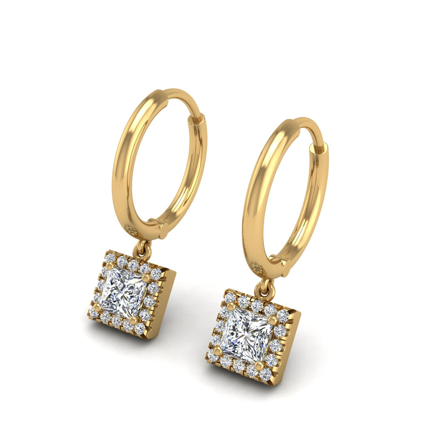 Gold diamond princess halo hoop earrings
