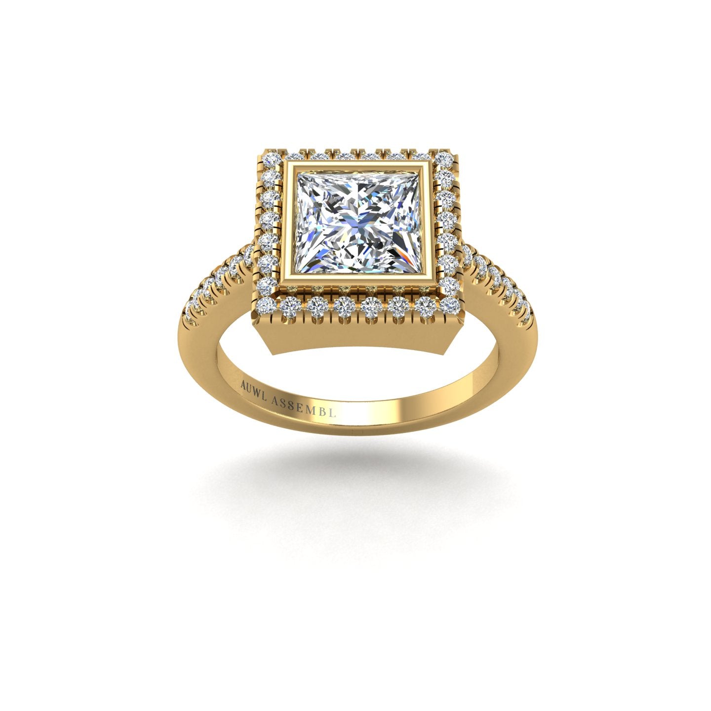 Gold diamond princess halo ring front view