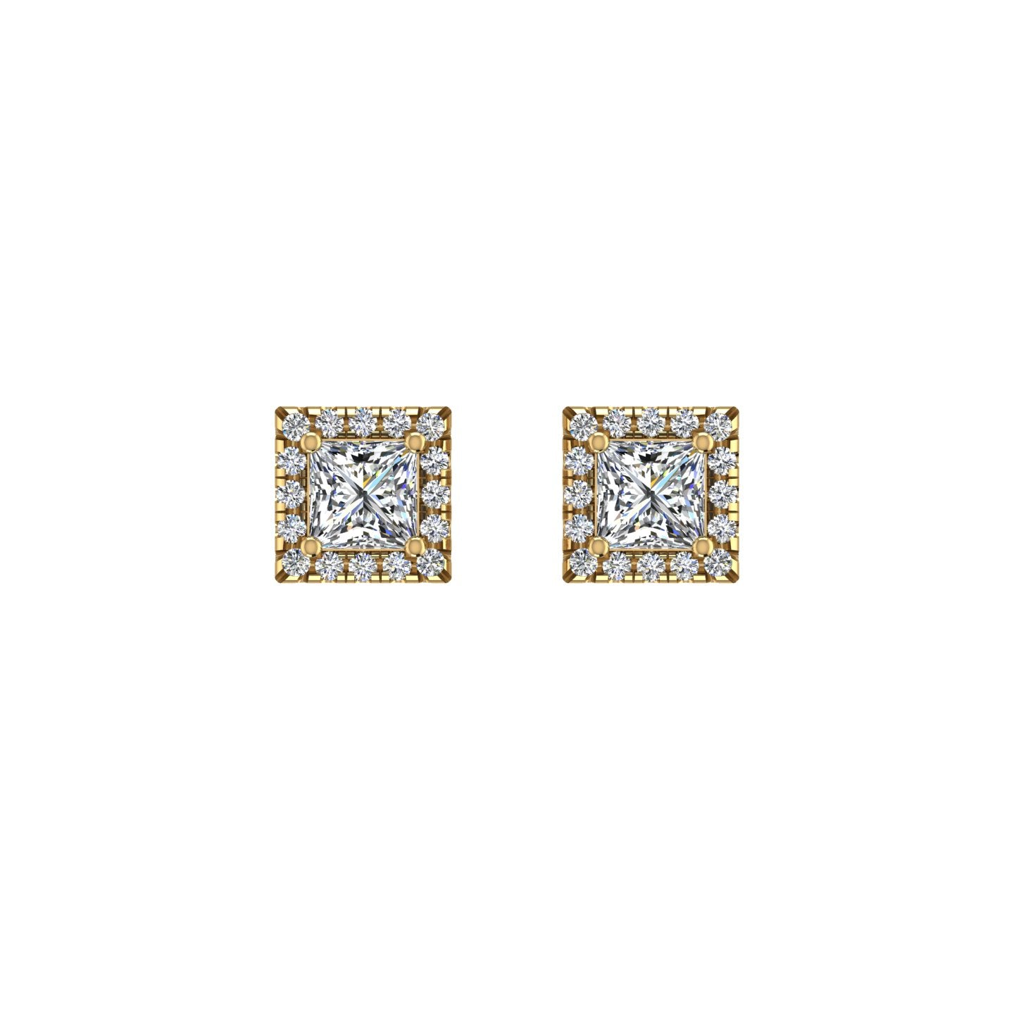 Gold diamond princess halo stud earrings front view