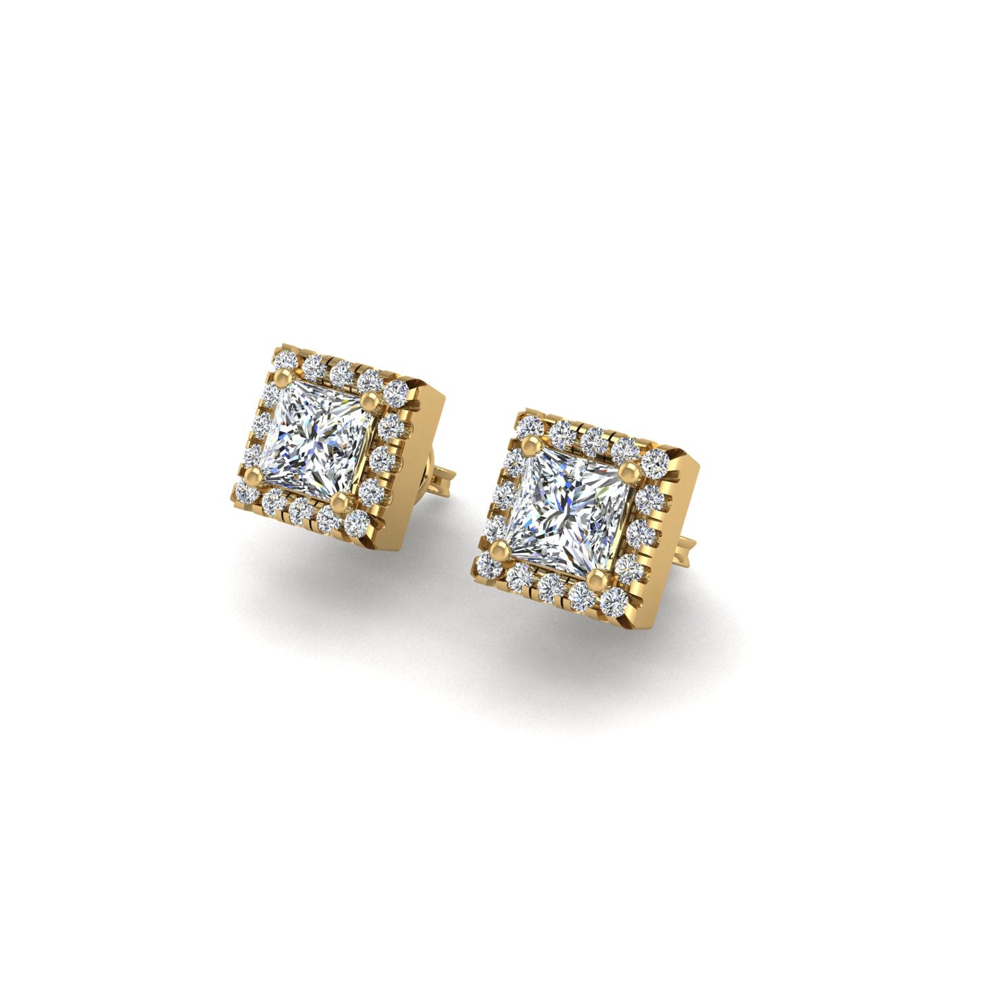Gold diamond princess halo stud earrings