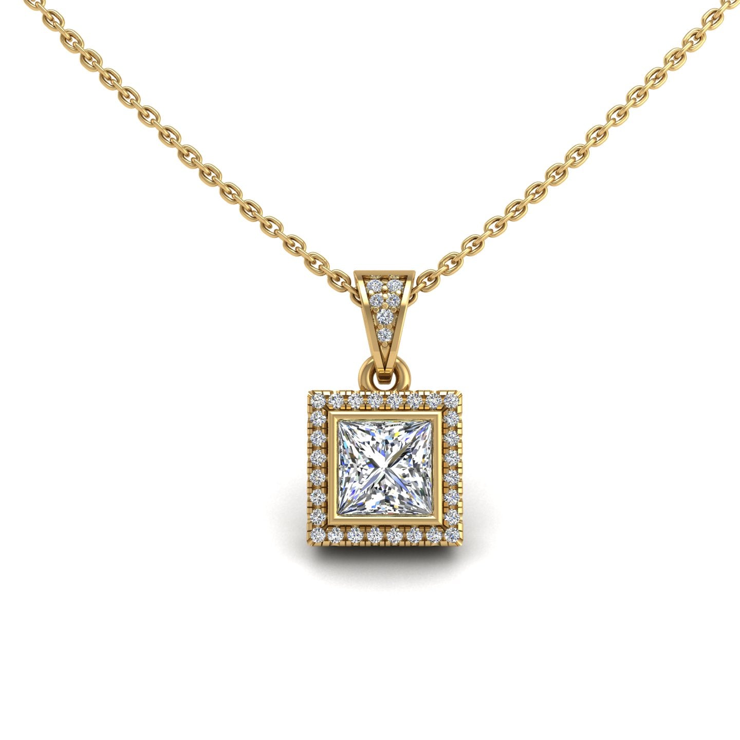 Gold diamond princess heavenly halo pendant center view