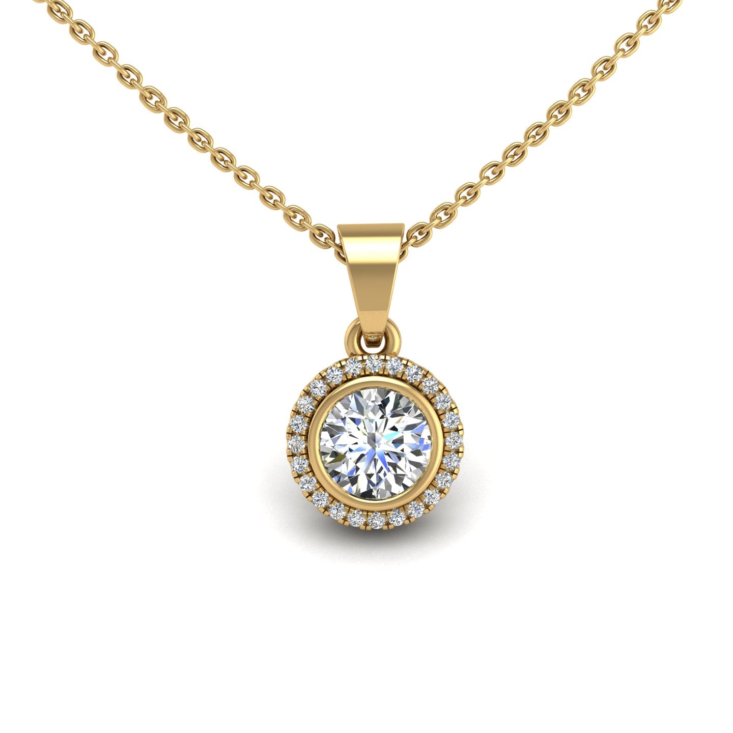 Gold diamond round divine halo pendant center view