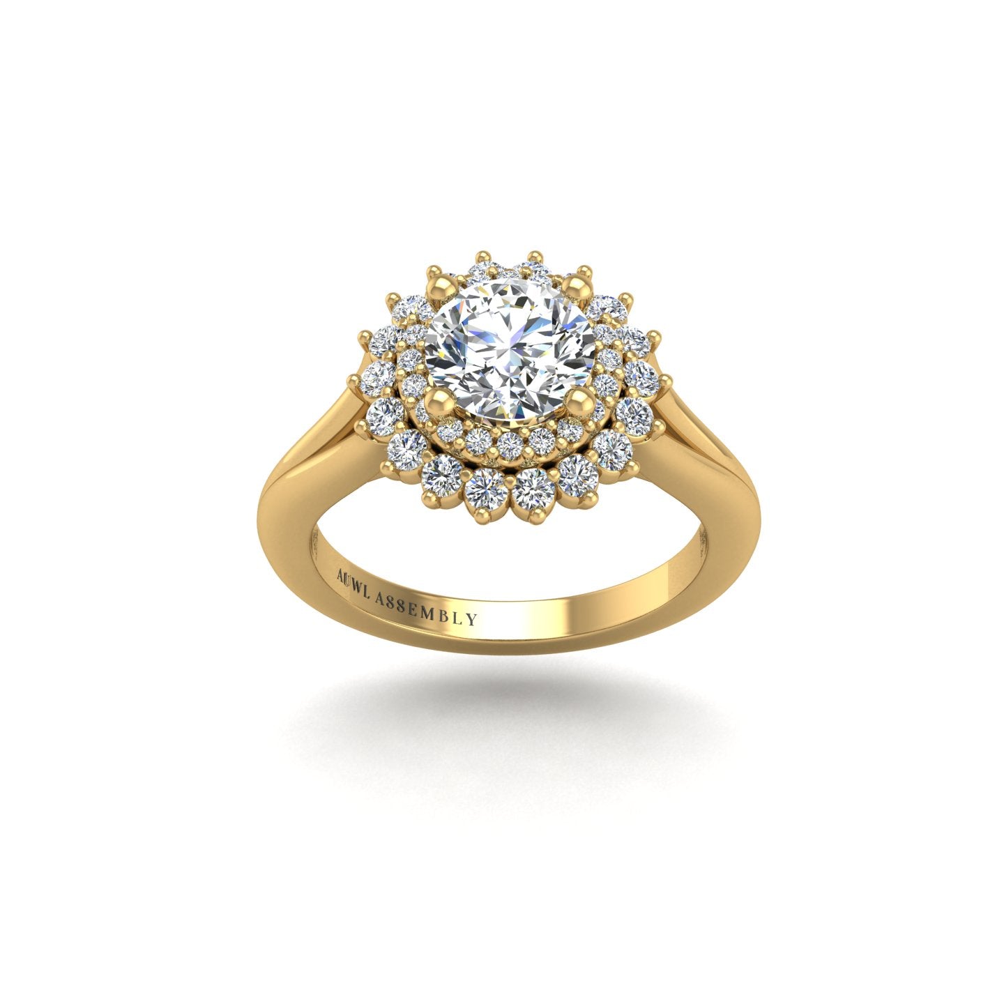 Gold diamond round double halo ring front view