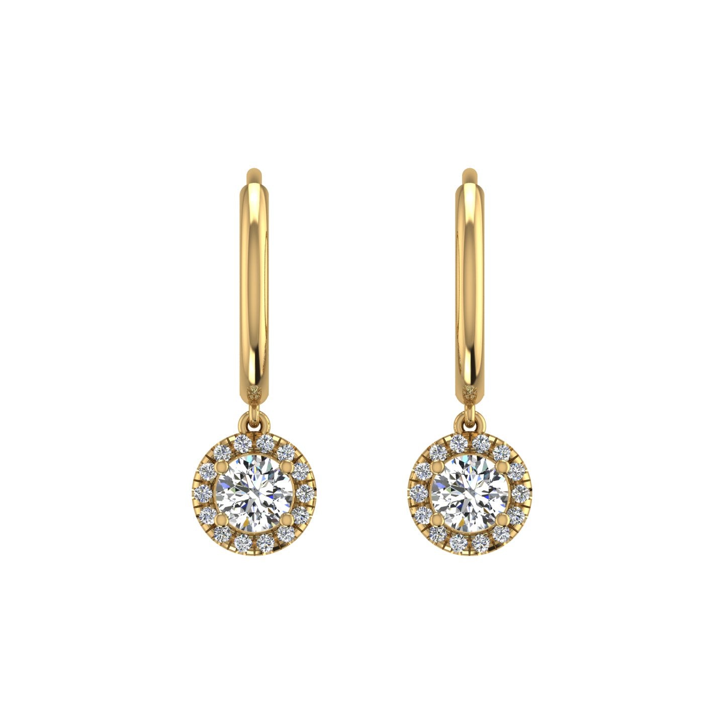 Gold diamond round halo hoop earrings front view