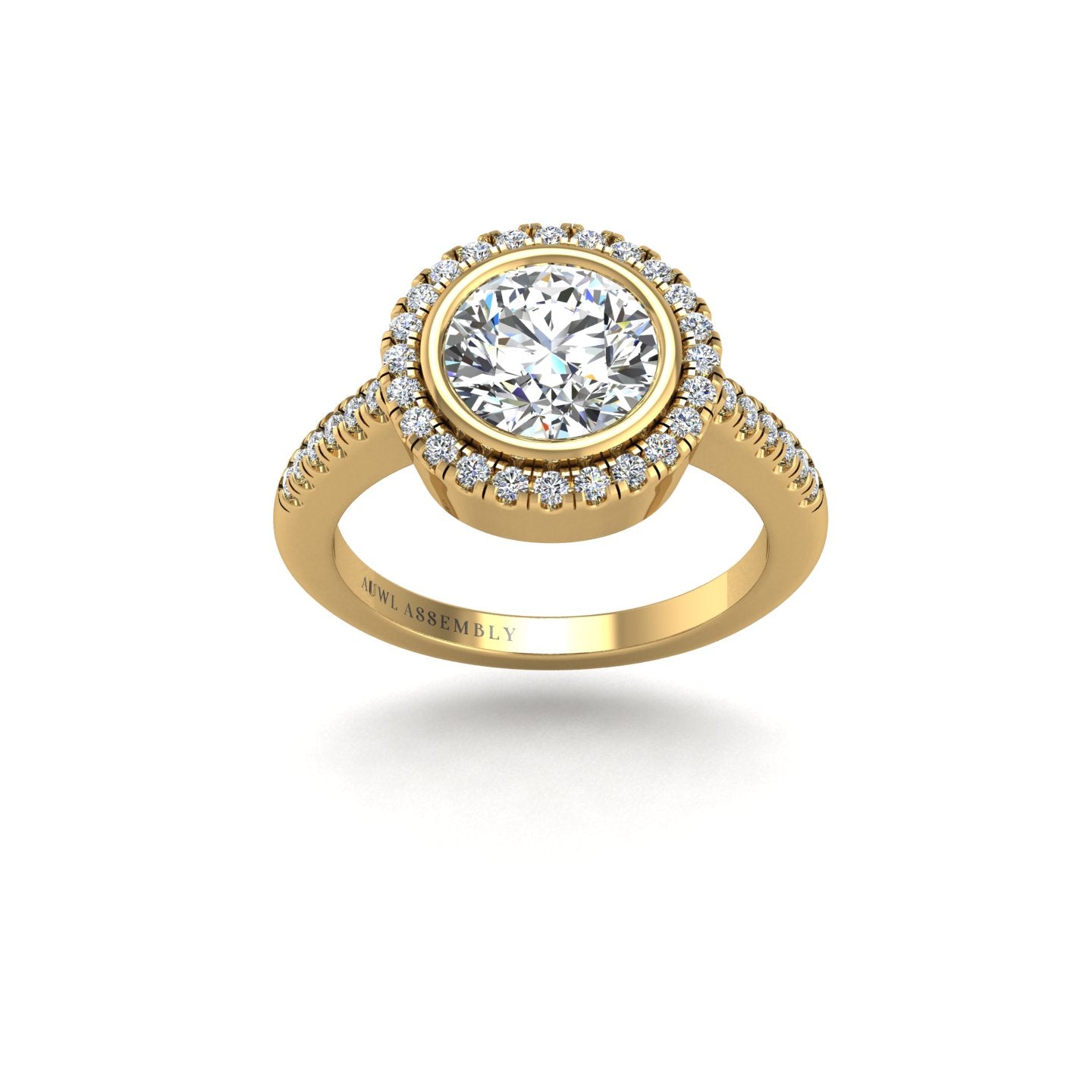Gold diamond round halo ring front view
