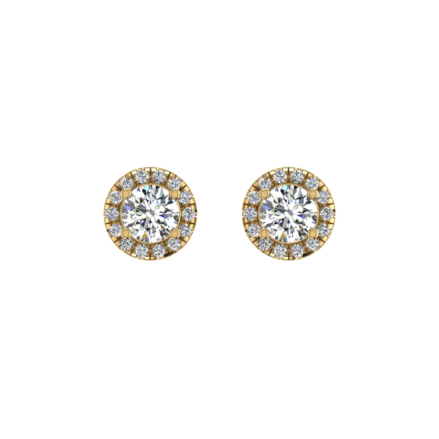 Gold diamond round halo stud earrings front view