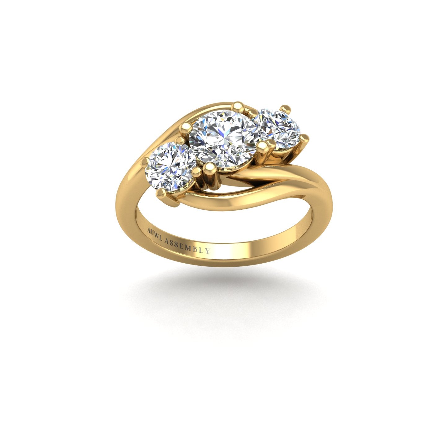 Gold diamond round three stone ring front view