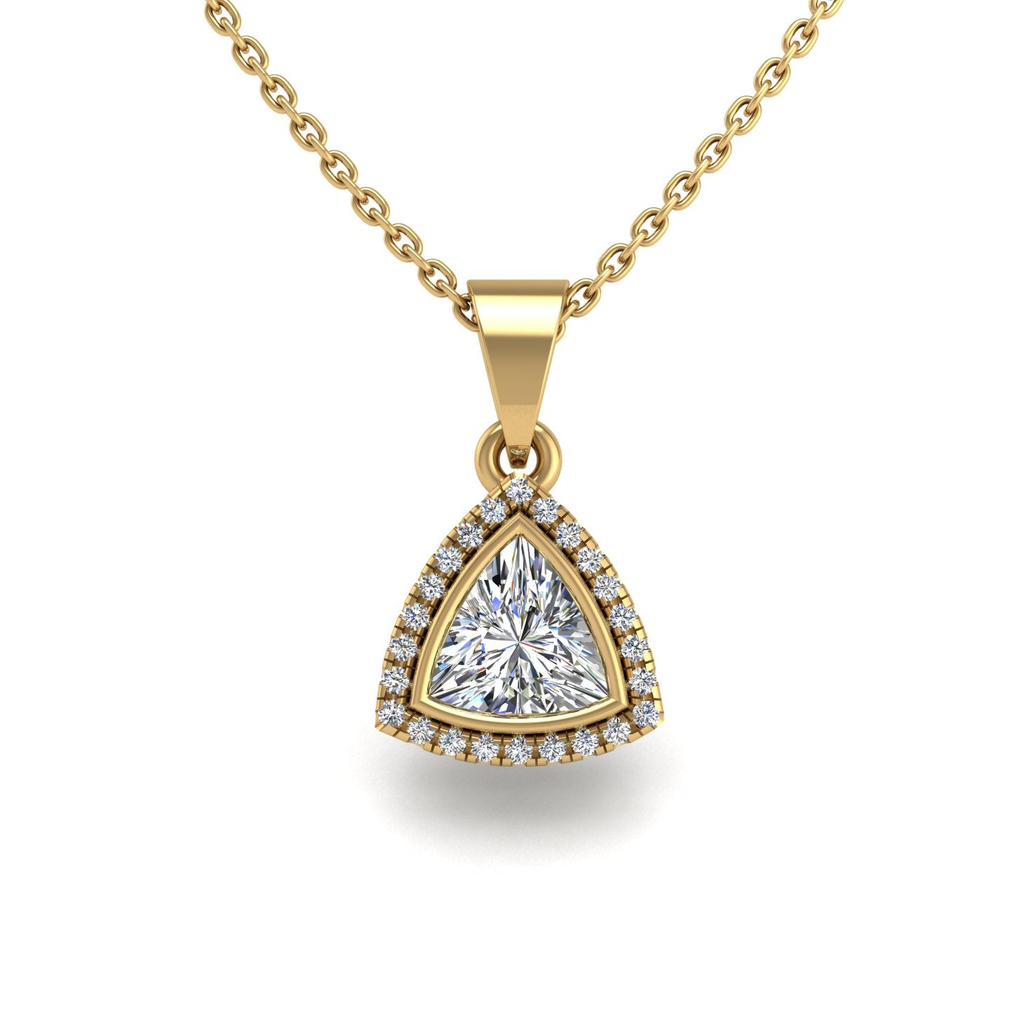 Gold diamond trillion divine halo pendant center view
