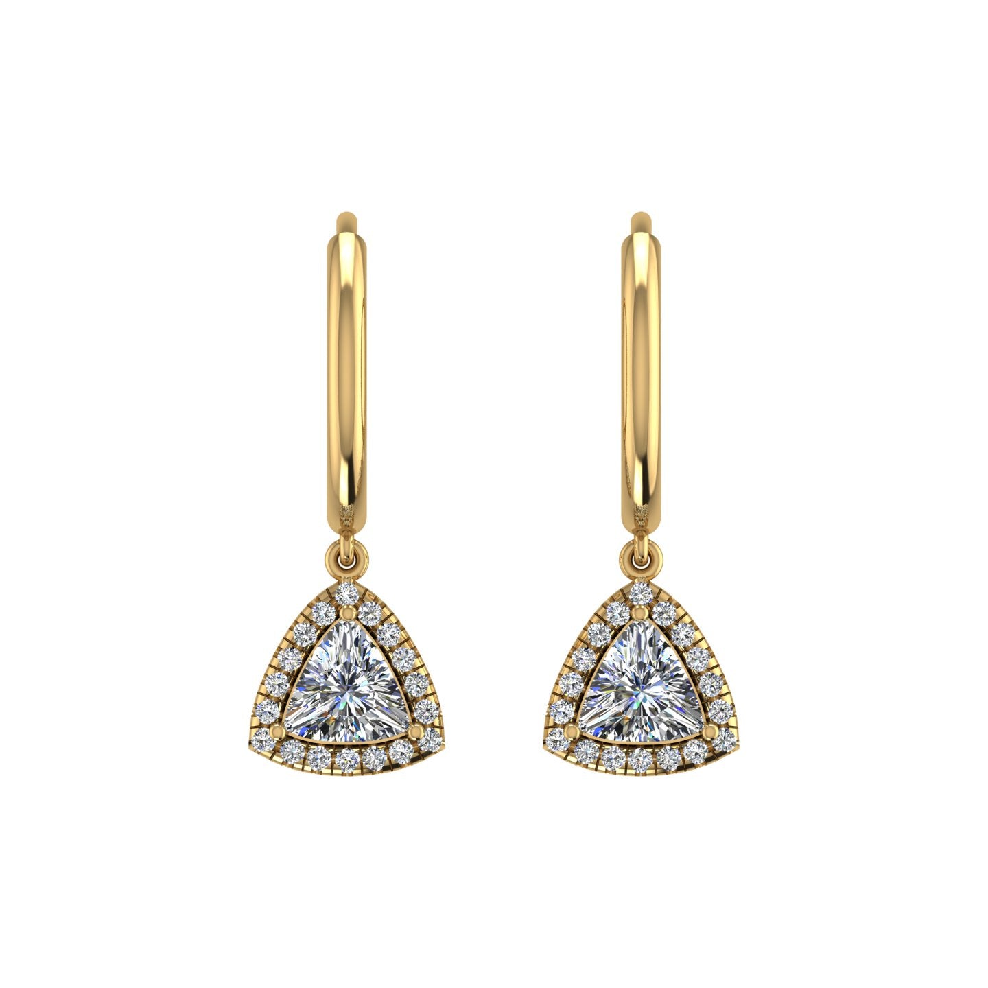 Gold diamond trillion halo hoop earrings front view