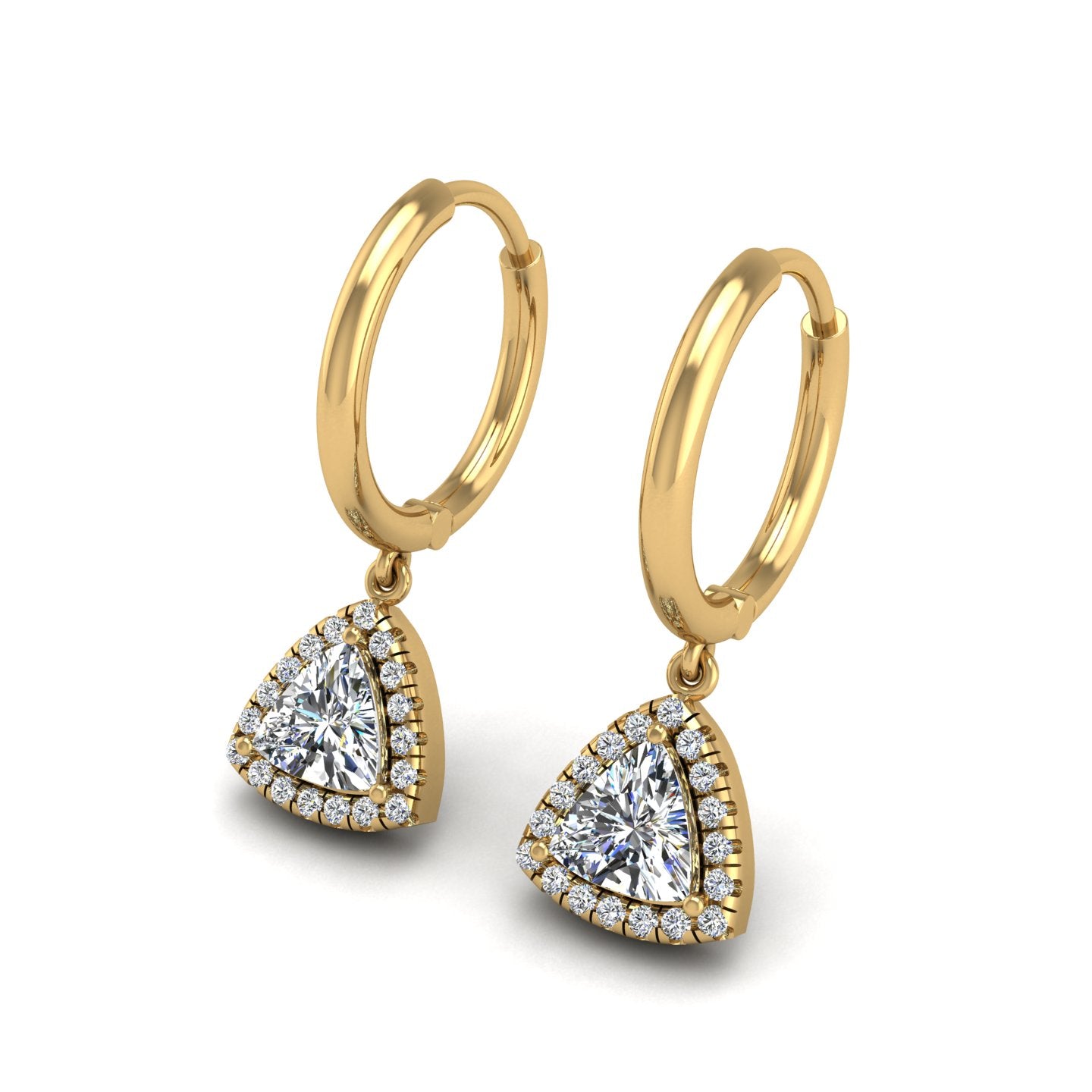 Gold diamond trillion halo hoop earrings
