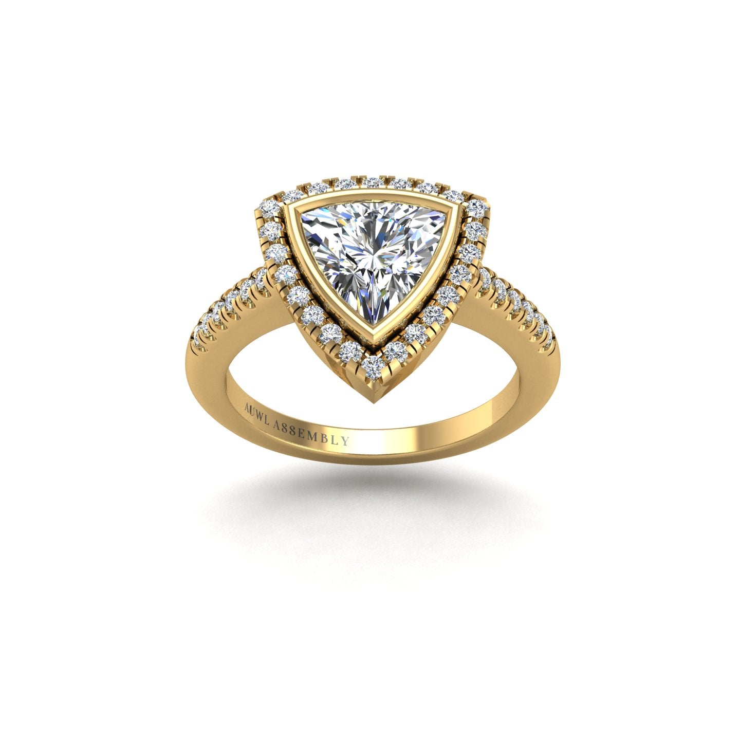Gold diamond trillion halo ring front view
