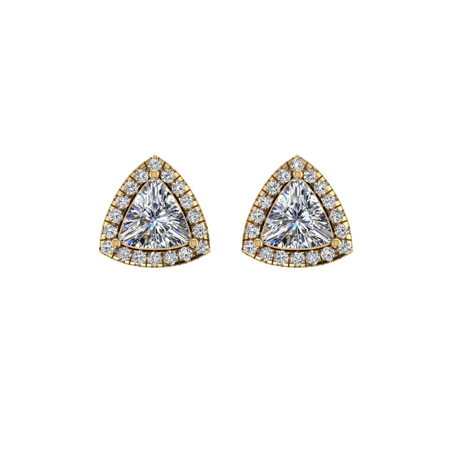 Gold diamond trillion halo stud earrings front view