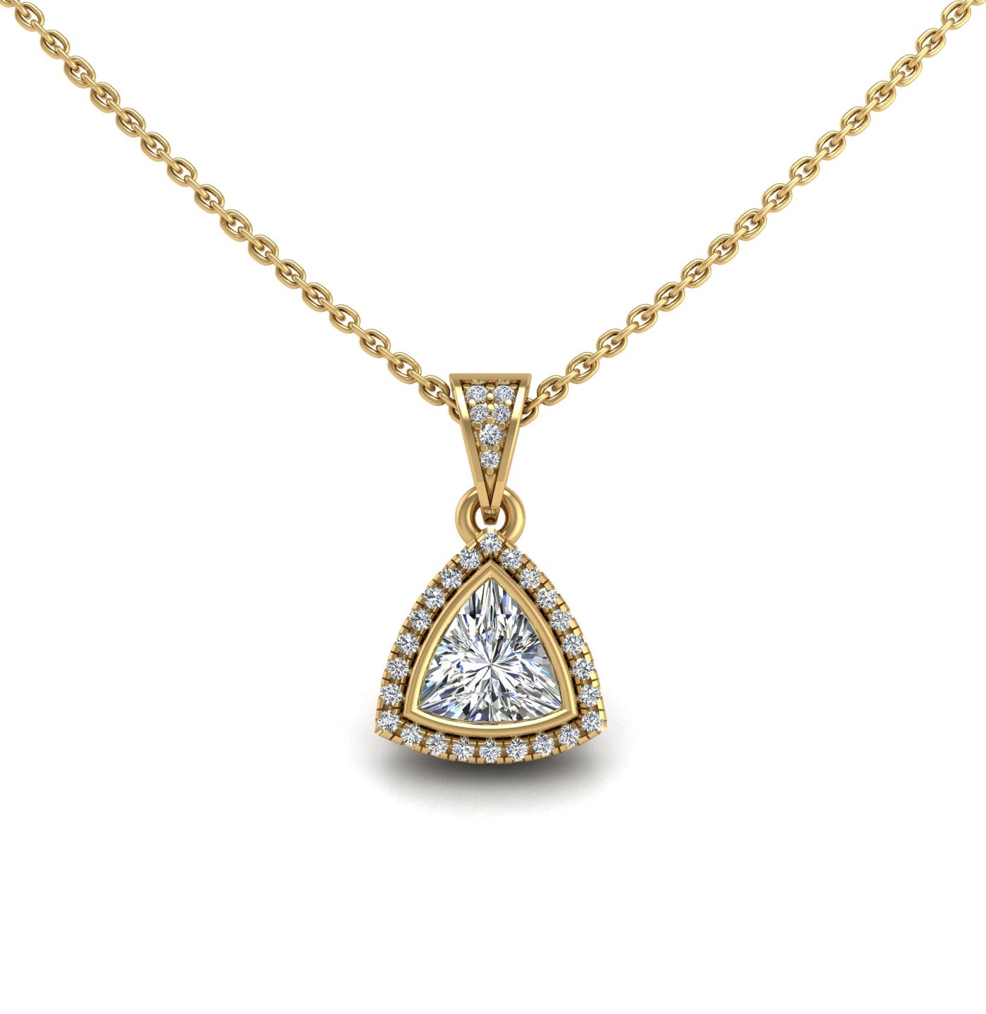Gold diamond trillion heavenly halo pendant center view