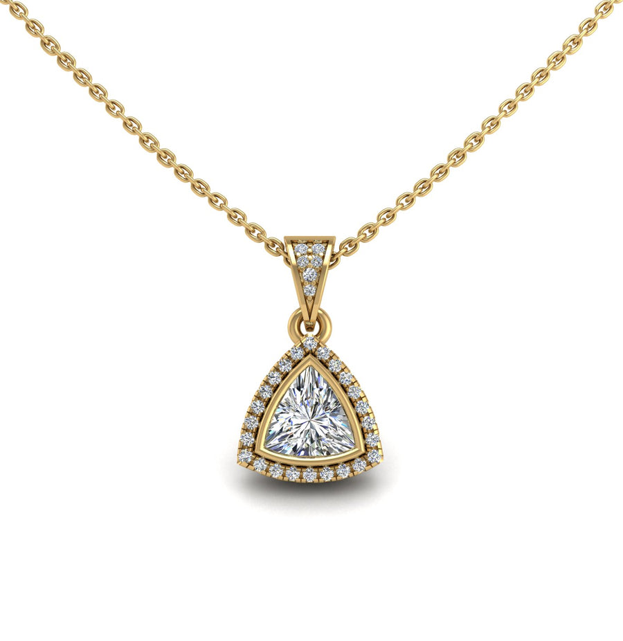 Gold diamond trillion heavenly halo pendant center view