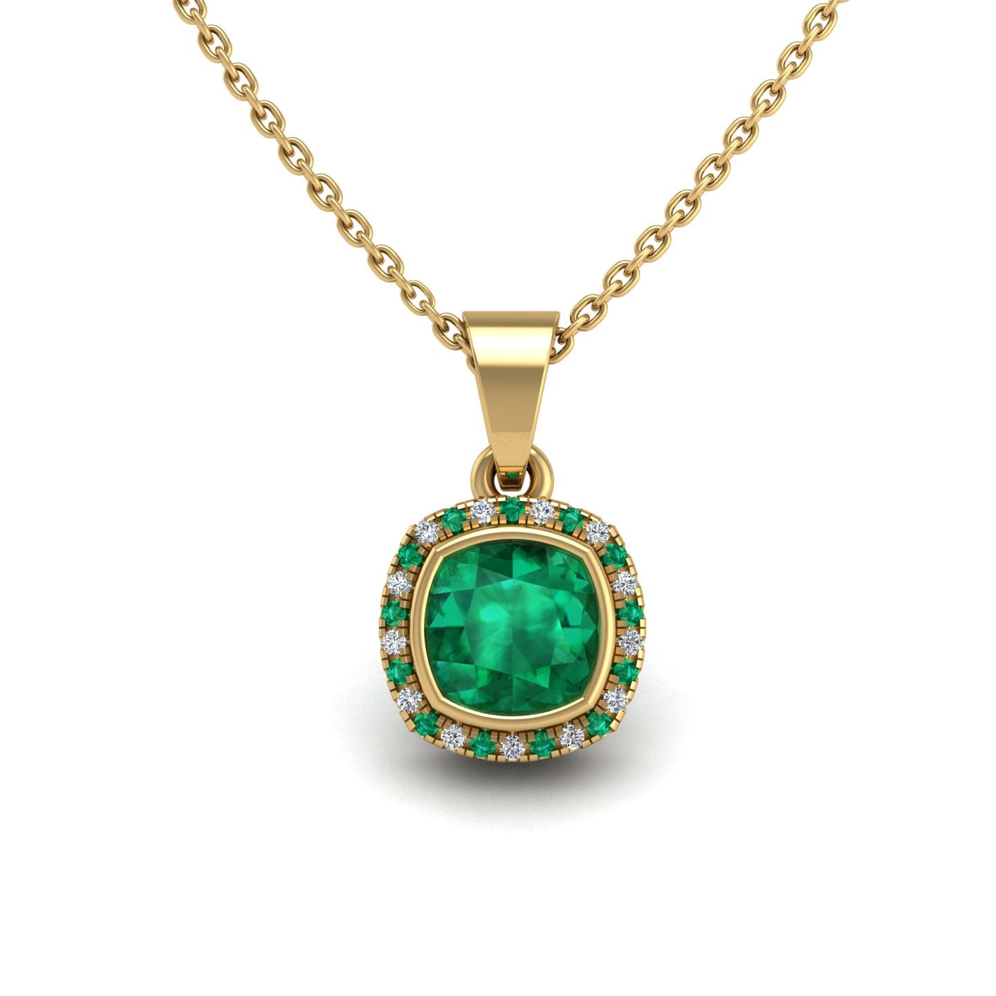 Gold emerald cushion divine halo pendant center view