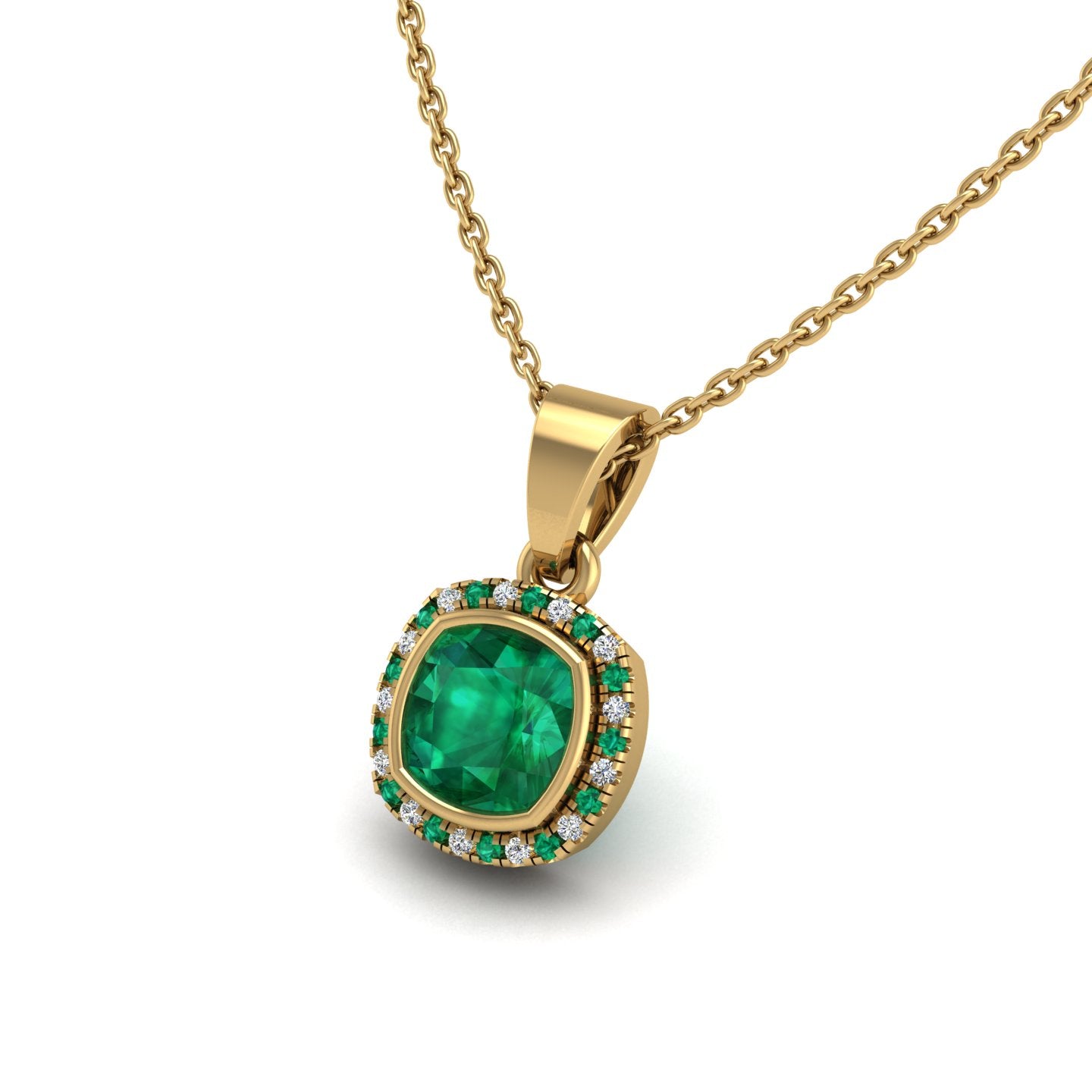 Gold emerald cushion divine halo pendant
